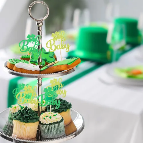 Vista 5 de Gyufise Paquete de 24 adornos para cupcakes del Día de San Patricio Lucky Oh Baby con decoraciones de cuatro hojas para pastel de baby shower de San