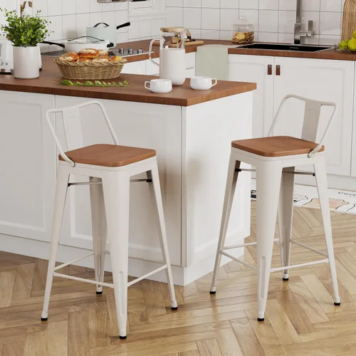Vista 8 de Yongchuang - Juego de 4 taburetes de bar de 18" de metal apilables, taburetes cortos para aula, cocina, comedor, sillas con parte superior de madera