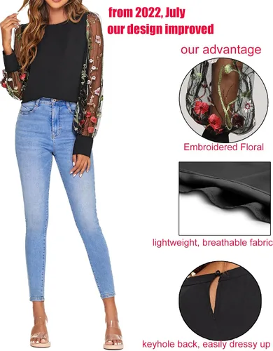Vista 2 de Romwe Blusa casual holgada con mangas de obispo bordadas y bordadas para mujer
