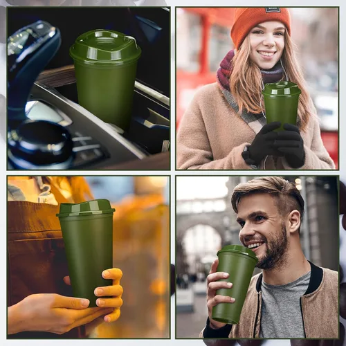 Vista 4 de Domensi - Paquete de 15 tazas de café reutilizables con tapas, 15 unidades Verde militar