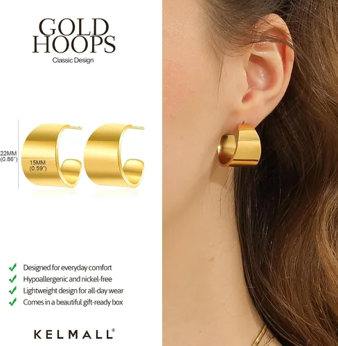 Vista 54 de KELMALL Aretes tipo argolla de oro de 14 quilates para mujer, hipoalergénicos, gruesos, redondos, no se deslustra, para orejas sensibles