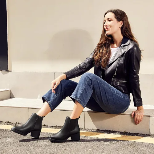Vista 3 de JABASIC Botines Chelsea para mujer, tacón bajo y grueso, con plataforma elástica, sin cordones