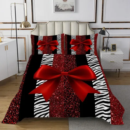 Vista 2 de Juego de colcha con lazo para niños, tamaño individual, diseño de cebra y leopardo con purpurina, decoración de habitación para niñas y mujeres