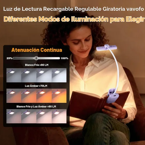 Vista 4 de VAVOFO Luz de Libro Recargable Giratoria: 24 LEDs Luz de Lectura, 3 Colores y 9 Niveles de Brillo Lámpara de Libro, Cuidado de Ojos 120 Horas