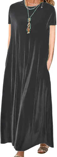 Vista 7 de Vestido de terciopelo para mujer, formal, casual, linda, cuello redondo, elegante, de manga corta, con bolsillo