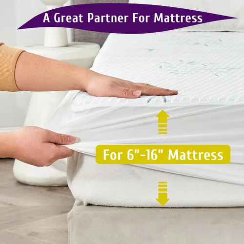 Vista 5 de Protector de colchón impermeable de tamaño matrimonial, transpirable y refrescante, estilo sábanas bajeras, bolsillos de 6 a 16 pulgadas