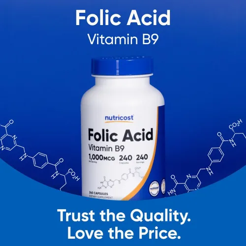 Vista 5 de Nutricost ácido fólico (Vitamina B9) 1000 mcg, 240 Cápsulas, 1 botella, 1