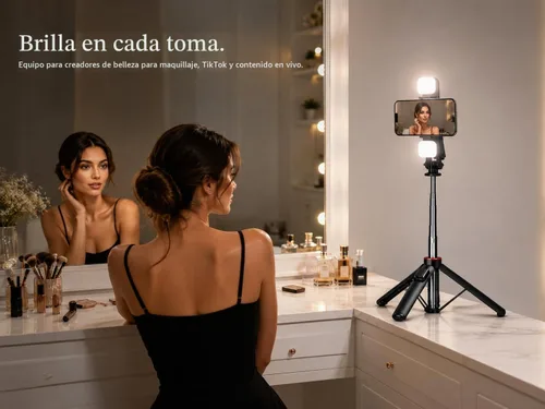 Vista 2 de Beauty Creator - Trípode con luz para iPhone, trípode de teléfono de 53 pulgadas Detachable LED light and Bluetooth remote for makeup tutorials