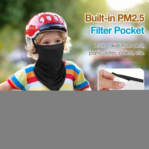 Vista 2 de MoKo Cubrebocas tipo bandana para niños con bolsillo para filtro paquete de 3 pasamontañas para el cuello para ciclismo para niños y niñas