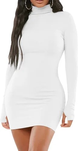 Vista 2 de Yajedo Vestido sexy ajustado para mujer, cuello alto, manga larga, mini vestidos para discoteca