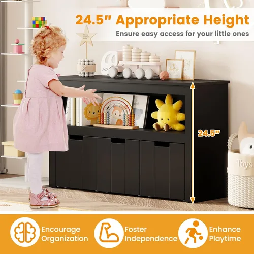 Vista 6 de HONEY JOY Organizador de almacenamiento de juguetes para niños, estante de guardería para niños, 3 cajas de juguetes de madera con ruedas, armario