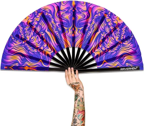 Vista 10 de Abanico para rave con brillo ultravioleta, abanico de mano plegable de bambú para hombres y mujeres (psicodélico espacial, mediano de 11 pulgadas)
