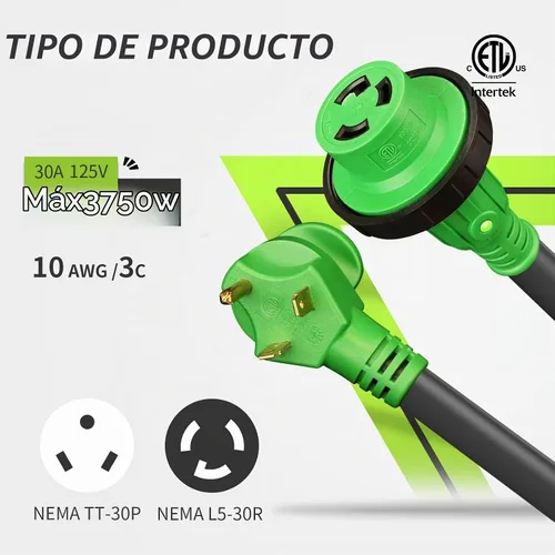 Vista 3 de Cable de extensión de alimentación con cerradura para autocaravana de 30 amperios y 10 pies TT-30P a L5-30R, mango fácil de enchufar, indicador