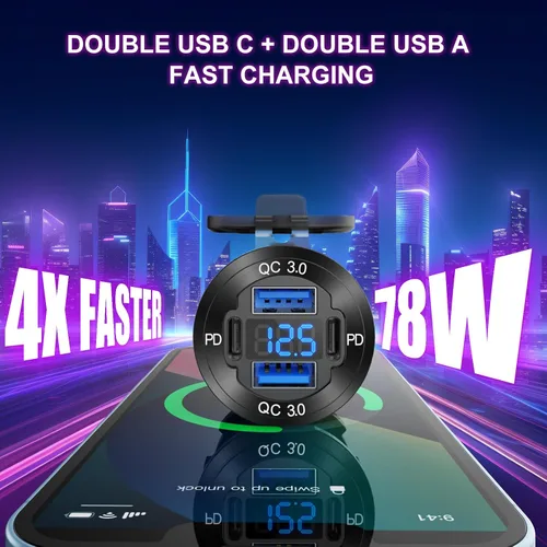 Vista 2 de Actualizado Cargador de 4 Puertos 12V USB de Aluminio, 78W Dual PD y QC Múltiples Puertos USB para Coche, Enchufe de 12 Voltios de Reemplazo