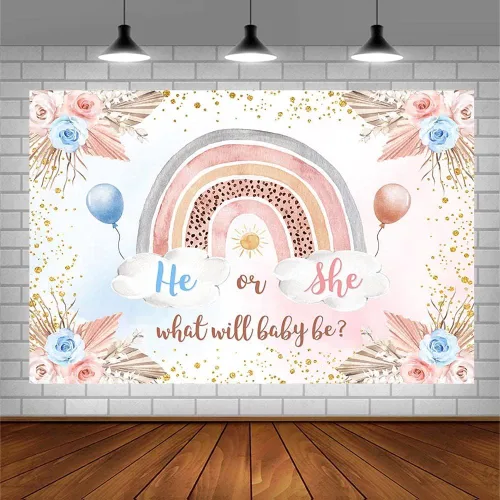 Vista 3 de Sendy Fondo bohemio de 7 x 5 pies para revelación de género, diseño de arco iris, decoración de fiesta de baby shower, anuncio de embarazo, pancarta