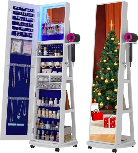 Vista 8 de HNEBC 360 Swivel Jewelry Armoire with Mirror, LED Mirror Jewelry Cabinet Standing, Full Length Mirror with Jewelry Storage, Standing Jewelry