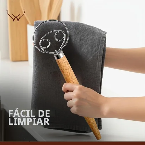 Vista 4 de Gancho de batidor de masa danesa de 13 pulgadas con mango largo de madera - Batidor de masa esencial, batidor de pan y batidor de masa danesa