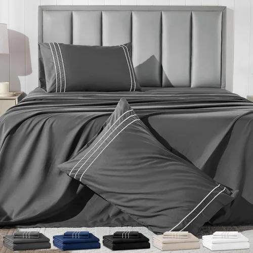 Vista 12 de Juego de sábanas tamaño individual con funda de almohada bordada, sábanas de microfibra ultrasuave de 3 piezas, comodidad de hotel de lujo, sábana