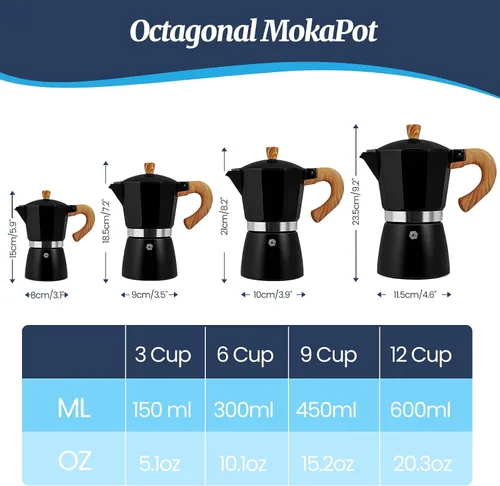 Vista 2 de Moka Pot - Cafetera italiana de aluminio de 15.2 fl oz, cafetera para estufa, cafetera espresso Mocha Pot (negro, 3 tazas)