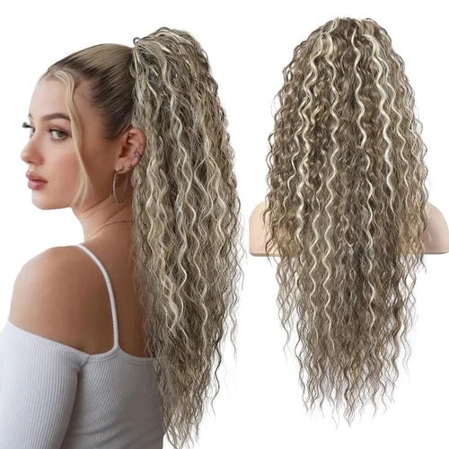 Vista 27 de Flufymooz Extensión de cola de caballo, 22 pulgadas, estilo bohemio, con cordón, extensiones de cabello para mujer, cola de caballo larga, rizada