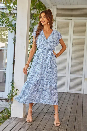 Vista 8 de PRETTYGARDEN - Vestido floral para mujer estilo bohemio, cruzado, con cuello en V, manga corta, con cinturón, dobladillo con volantes, acampanado