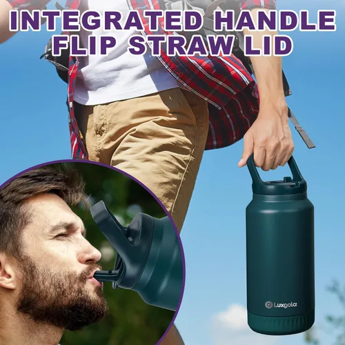 Vista 3 de Botella de agua aislada de 64 onzas, vaso de acero inoxidable al vacío de medio galón con tapa abatible con popote y asa superior, mantiene