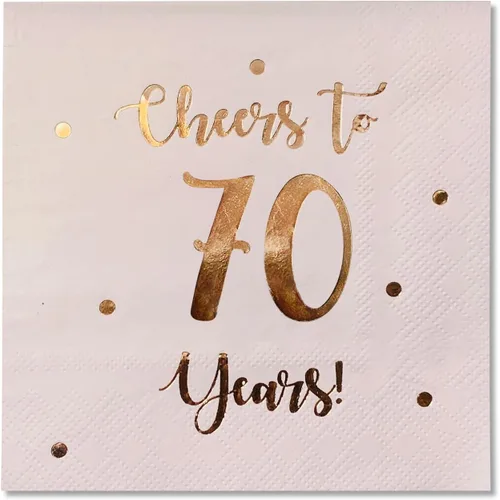 Vista 10 de Servilletas de cóctel de Cheers to 70 años, decoraciones de feliz cumpleaños 70 para hombres y mujeres, decoraciones de fiesta de aniversario