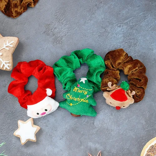 Vista 7 de 3 unidades de coleteros navideños de seda, lazos elásticos navideños con árbol de Navidad, Papá Noel, reno, bandas elásticas suaves para el cabello