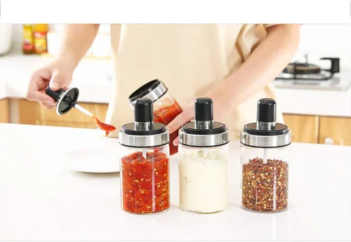 Vista 5 de TENTA KITCHEN 3 tarros de especias de vidrio de borosilicato alto para condimentos, tarro de condimentos, diseño de cuchara combinada y tapa, grado