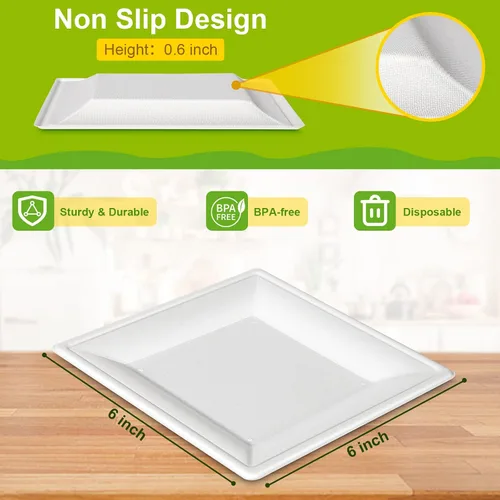 Vista 3 de Platos de papel cuadrados, platos de papel de 6 pulgadas, paquete de 100 platos de postre compostables ecológicos, pequeños platos desechables