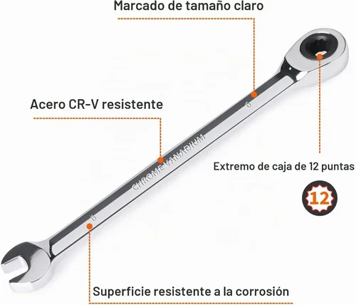 Vista 2 de Egofine Llave de Trinquete Combinada de 6mm Métrica, Llave de Empuñadura de Engranaje de Grado Industrial con Diseño de 12 Puntos, Trinquete de 72