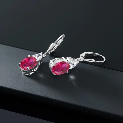 Vista 5 de Gem Stone King 4-6 Cttw Leverback Dangle Earrings For Women Gemstone Birthstone 925 Sterling Silver Oval 10X8MM Trillion 5MM Elegant Drop