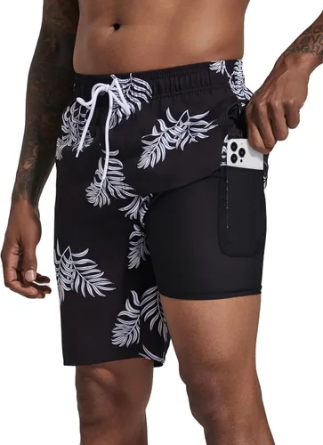 Vista 21 de Difficort - Traje de baño para hombre con forro de compresión, pantalones cortos de secado rápido con bolsillos con cremallera 1-a/ Rayas negras