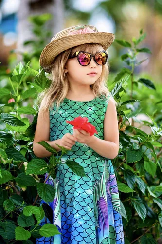 Vista 2 de Funnycokid Girls Mermaid Dress Kids Summer Sleeveless Dresses Birthday Sundress Swing Outfit 4-13 Years