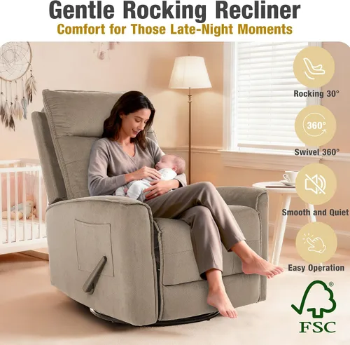 Vista 8 de Silla reclinable basculante giratoria para adultos, silla mecedora Silla reclinable balancín pequeña para espacios pequeños, RV, sala de estar