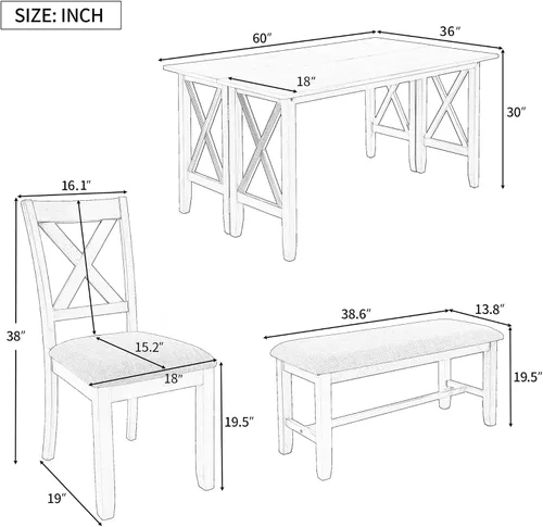 Vista 27 de Juego de mesa de comedor vintage de 6 piezas, juego de mesa de comedor de cocina de madera maciza con 4 sillas ergonómicas acolchadas y banco, mesa