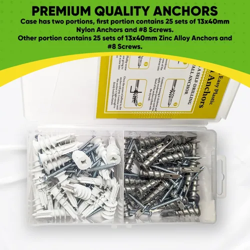 Vista 4 de Anclajes para paneles de yeso anclajes de plástico de pared autoperforantes de zinc para paneles de yeso con kit de tornillos, incluye 25 anclajes