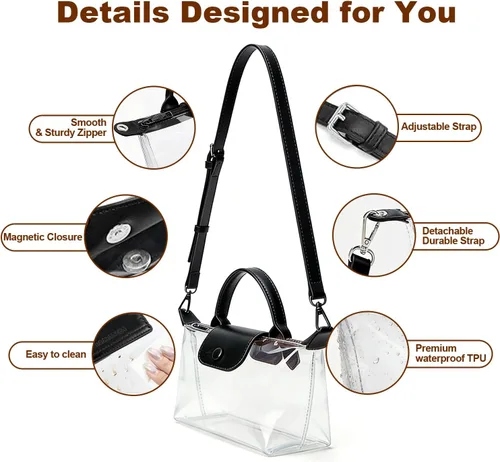 Vista 4 de Bolsa transparente para eventos en estadios, bolsa cruzada pequeña para mujeres y hombres, duradera e impermeable
