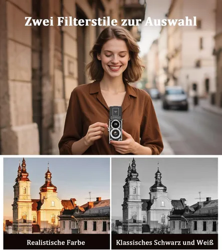 Vista 4 de Cámara digital retro de Chuzhao, cámara vintage portátil estilo TLR de doble lente, 12MP con enfoque automático, 1080P FHD, cámara de apuntar