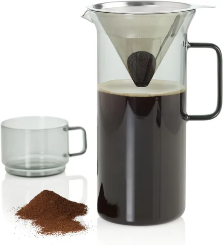 Vista 6 de AdHoc Impact Pour Over - Cafetera con recipiente de vidrio de 1 litro, filtro de acero inoxidable reutilizable de doble capa, cafetera