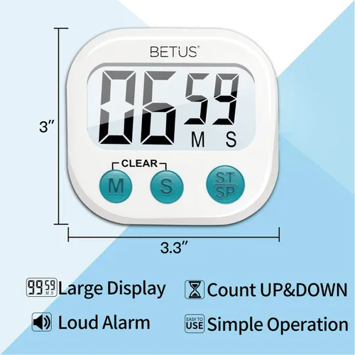 Vista 2 de Betus Temporizador digital de cocina, dígitos grandes, funcionamiento simple y alarma fuerte, respaldo magnético o soporte de mesa, cronómetro