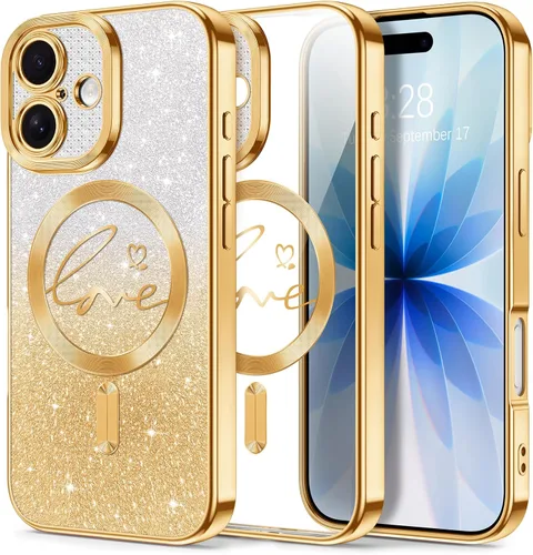 Vista 186 de Hython Funda para iPhone Air con purpurina, compatible con MagSafe Love Heart fundas magnéticas transparentes para teléfono para mujeres y niñas