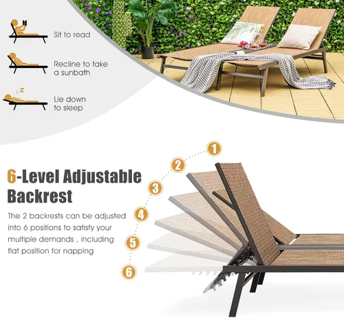 Vista 5 de COSTWAY Patio 2-Persona Chaise Lounge Chair 6-Posición Trasera Ajuste Panel Medio