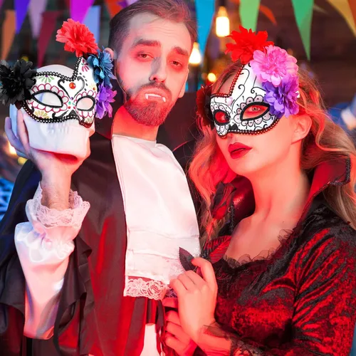 Vista 4 de Leyndo 4 piezas Día de los Muertos Azúcar Medio Calavera Máscara de Ojos Máscara Mexicana Mascarada Máscaras Halloween Cosplay Fancy Dress