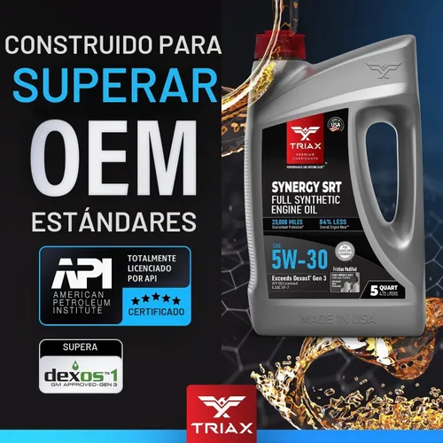 Vista 4 de TRIAX Synergy SRT 5W-30 Aceite de motor PAO-éster completamente sintético, drenaje de 12.4 mi, modificación por fricción moly/boro, licencia API SP