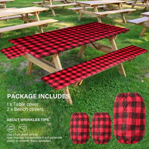 Vista 6 de BBTO Mantel de vinilo para mesa de picnic con fundas de banco, 72 x 30 pulgadas, impermeable, elástico ajustable para mesas rectangulares de 6 pies