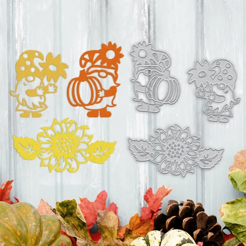 Vista 5 de Troquel de corte de metal de calabaza de otoño de Acción de Gracias para hacer tarjetas, juegos de troqueles enanos de otoño, flores de gnomo