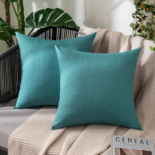 Vista 94 de MIULEE - Paquete de 2 fundas de almohada decorativas para exteriores, impermeables, sólidas, de imitación de lino, para jardín, casa de campo, Azul