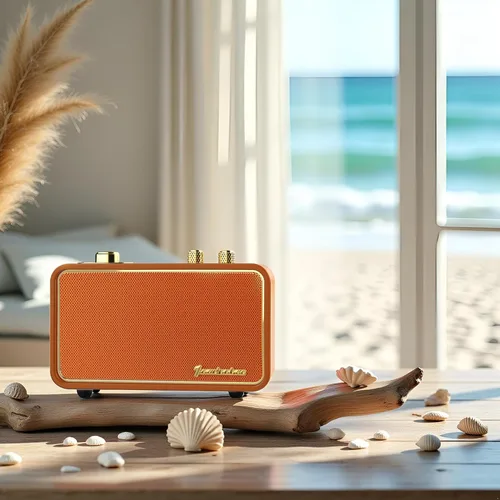 Vista 7 de Altavoz Bluetooth vintage con radio AM/FM, naranja Retro Wireless Speaker, 10H Playtime, Charge-While-Play, Aux/Antenna, Interchangeable Panel