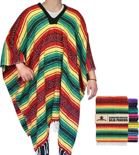 Vista 7 de Artisans Bazaar Poncho tradicional mexicano de Baja para hombres y mujeres, auténtico sarape de Gaban, manta de vaquero Pancho Jorongo Aguamarina